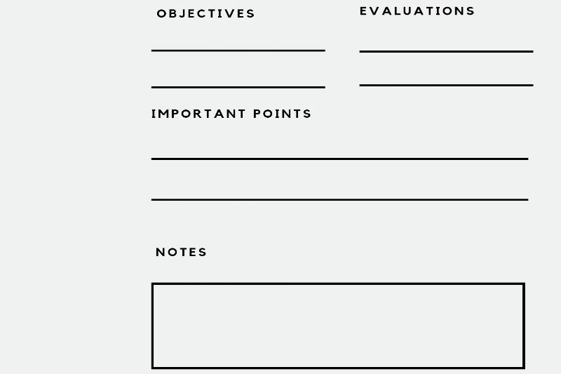 A planning note with objectives, evaluations, and important points